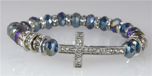 4031122 Cross Beaded Stretch Bracelet Blue Irredescent 4031122 Cross Beaded Stretch Bracelet Blue Irredescent Faceted Crys