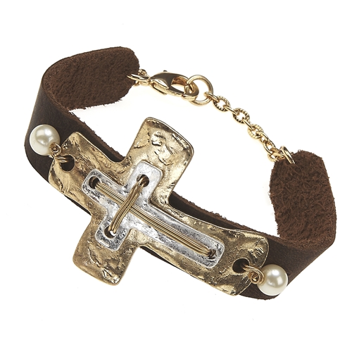 4031230 Christian Cross Leather & Chain Bracelet Religious Fashion