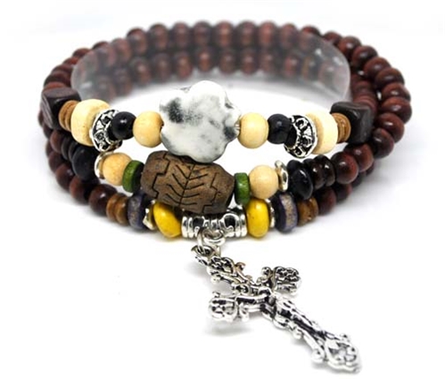 4030150 Wood Bead Cross Wrap Bracelet Christian Religious Inspirational Beaded