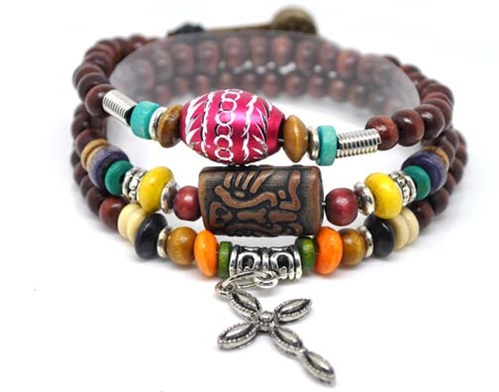 4030151 Wood Bead Cross Wrap Bracelet Christian Religious Inspirational Beaded
