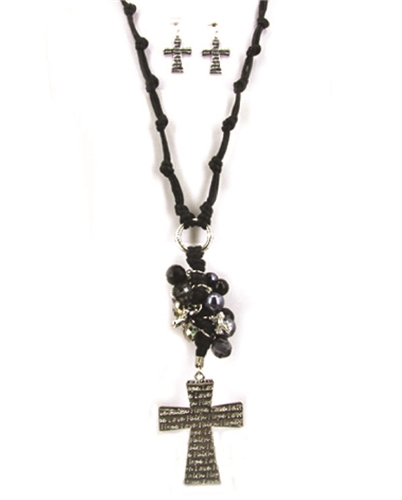 4030176 Corded Chain Bead Cross Christian Necklace and Earring Set Jesus Reli...