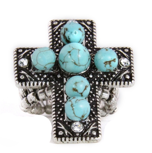4030179 Christian Cross Turquoise Religious Stretch Ring Bible