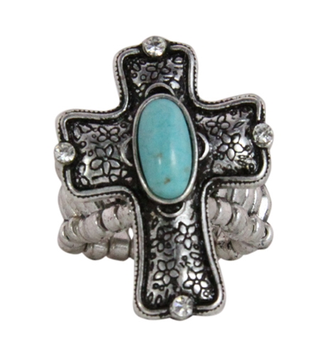 4030180 Christian Cross Turquoise Religious Stretch Ring Bible