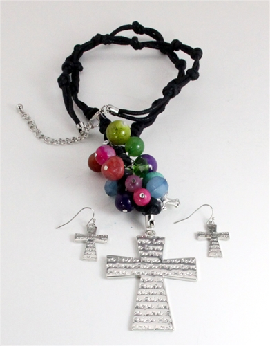 4030202 Beautiful Multi Colored Jesus Cross Christian Necklace and Earring Se...