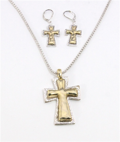 4030270 Cross Christian Necklace and Earring Set Two Tone Gold and Silver Pla...