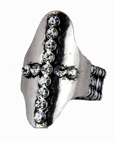 4030282 Cross Stretch Ring Antiqued Silver CZ Diamonds Christian Religious