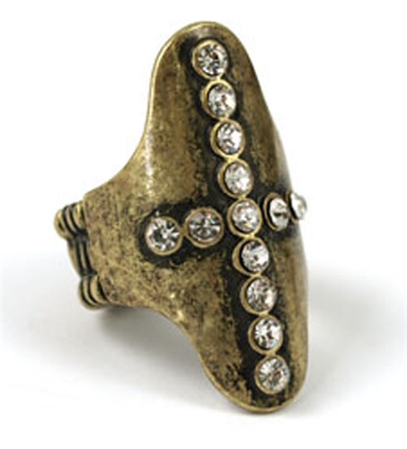 4030283 Cross Stretch Ring Antiqued Gold CZ Diamonds Christian Religious Armor