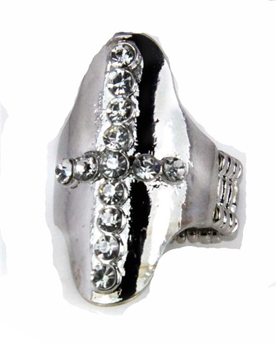 4030284 Cross Stretch Ring Polished Silver Finish CZ Diamonds Christian Relig...