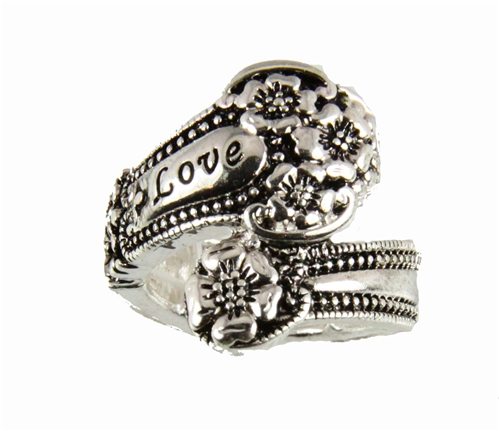 4030358 Spoon Style Stretch Ring LOVE Inscribed Antiqued Finish Jewelry