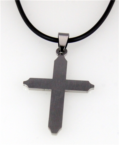 4030439 Stainless Steel Cross Necklace with black Rubber Cord Christian