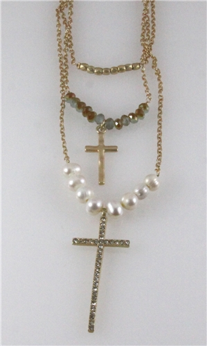 4030744 Gold Chain and Bead Stacking Christian Cross Necklace Jesus Religious...