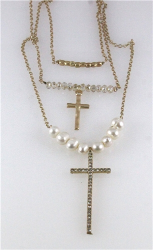 4030882 Christian Cross Necklace Faux Pearls Beads CZ Stones 3 Piece Staggering