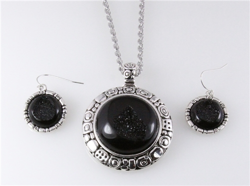 4030895 Black Drusy Quartz Look Necklace and Earring Set Designer Inspired