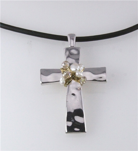 4030937 Beautiful Cross and Faux Pearl Necklace & Earring Set Christian Jesus...