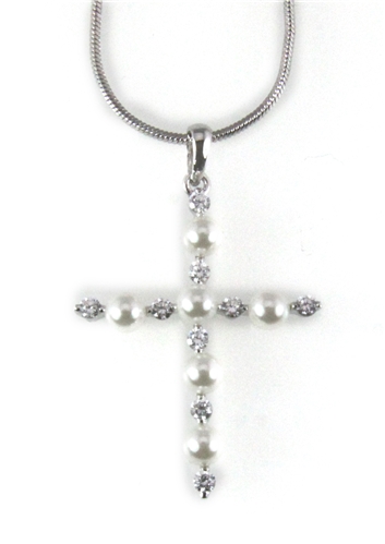 4031007 Simulated Pearl Cross Necklace Christian Fashion High Quality Religious