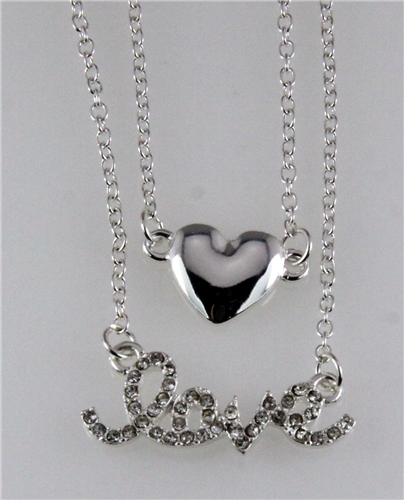 4031083 LOVE & Heart Nesting 2 Piece Necklace Set Rhinestones Valentines Gift