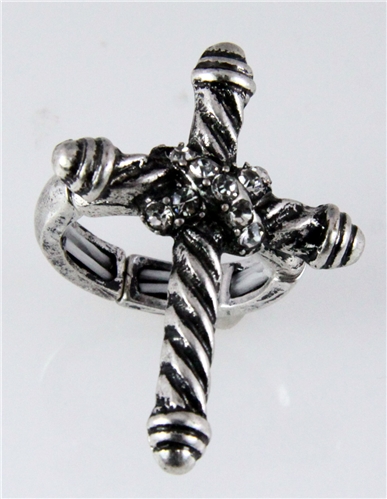 4031117 Rhodium Cross Stretch Ring Cubic Zirconia Rope Design Gothic Renaissa...