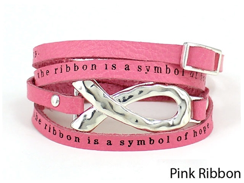 4031170 Pink Ribbon Leather Wrap Bracelet Adjustable Belt Buckle Style Breast...