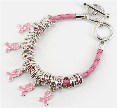 4031343 Pink Ribbon Breast Cancer Awareness Leather Braid Bracelet Beaded Sup...