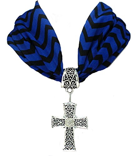 4031515 Scarf Style Cross Necklace Blue & Black Chevron Design Fabric Materia...