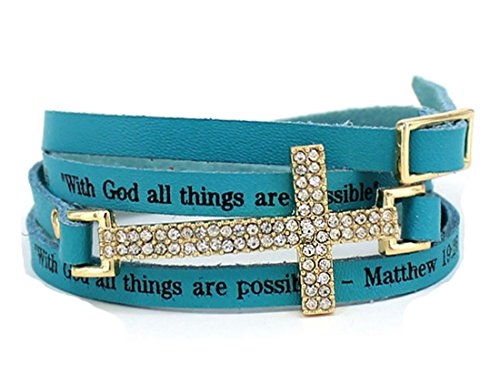 4030013 Matthew 19:26 Leather Wrap Cross Bracelet Scripture With God All Thin...