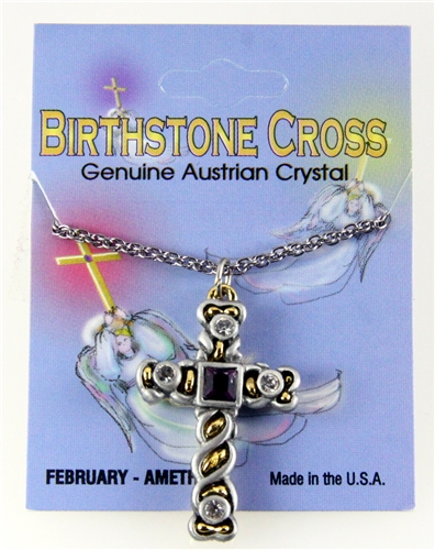 6030130 Christian Cross Necklace Two Tone Silver Gold Birthstone Austrian Cry...
