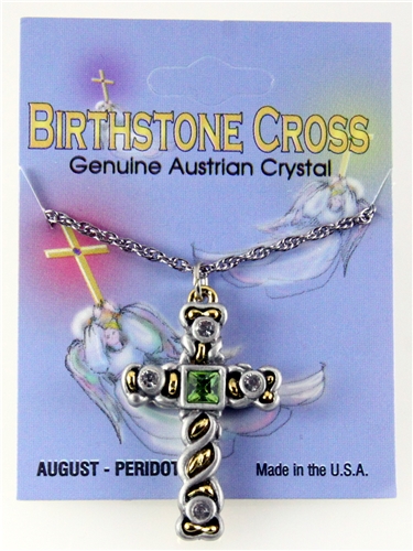 6030133 Christian Cross Necklace Two Tone Silver Gold Birthstone Austrian Cry...
