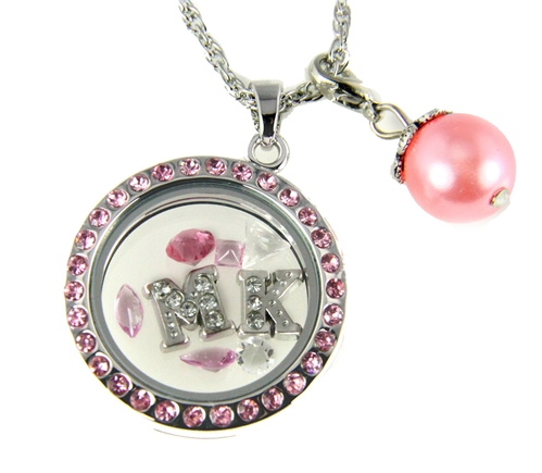 7030060a MK Floating Charm Necklace with Pink Rhinestones