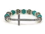 4030220 Beaded Cross Stretch Bracelet Aqua Christian Bling Filigree Design