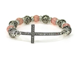 4030221 Beaded Cross Stretch Bracelet Pink Christian Bling Filigree Design