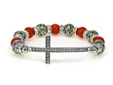 4030222 Beaded Cross Stretch Bracelet Faux Coral Christian Bling Filigree Design