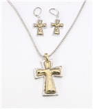 4030270 Cross Christian Necklace and Earring Set Two Tone Gold and Silver Pla...