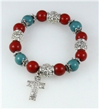 4030323 Cross Charm Christian Stretch Bracelet Silver Turquoise Coral Red