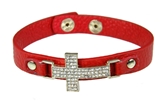 4030362 Faux Leather Cross Bracelet Teal Red Rhinestone Bling Christian Fashion