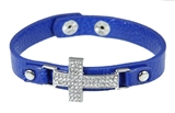 4030363 Faux Leather Cross Bracelet Blue Rhinestone Bling Christian Fashion