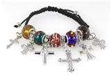 4030477 Glass Bead Cross Charm Bracelet Adjustable Macrame' Band Christian Re...