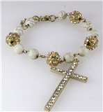 4030813 Beaded Cross Charm Bracelet Marbelized Beads Beige Color Glitter Spar...