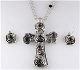 4030857 Beautiful Cross and Earring Set with Rose Flowers Christian Fashion