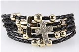 4030876 Braided Leather Chross Bracelet Christian Bling Sparkling 5 Row Stacking