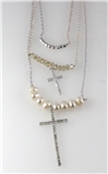 4030935 Faux Pearl & Cross 3 Piece Triple Necklace Silver Tone Beads Christia...