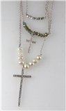 4030936 Faux Pearl & Cross 3 Piece Triple Necklace Silver Tone Beads Christia...