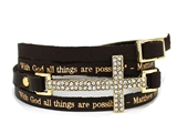 4031181 Matthew 19:26 Leather Wrap Cross Bracelet Scripture With God All Thin...