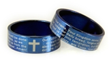 S19 Blue Stainless Steel Our Father Prayer Lord's Prayer Ring Cross Christian Bible